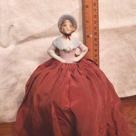 Antique Porcelain Half Doll Pincushion with Dark Red Silk Skirt - Picture 2 of 11